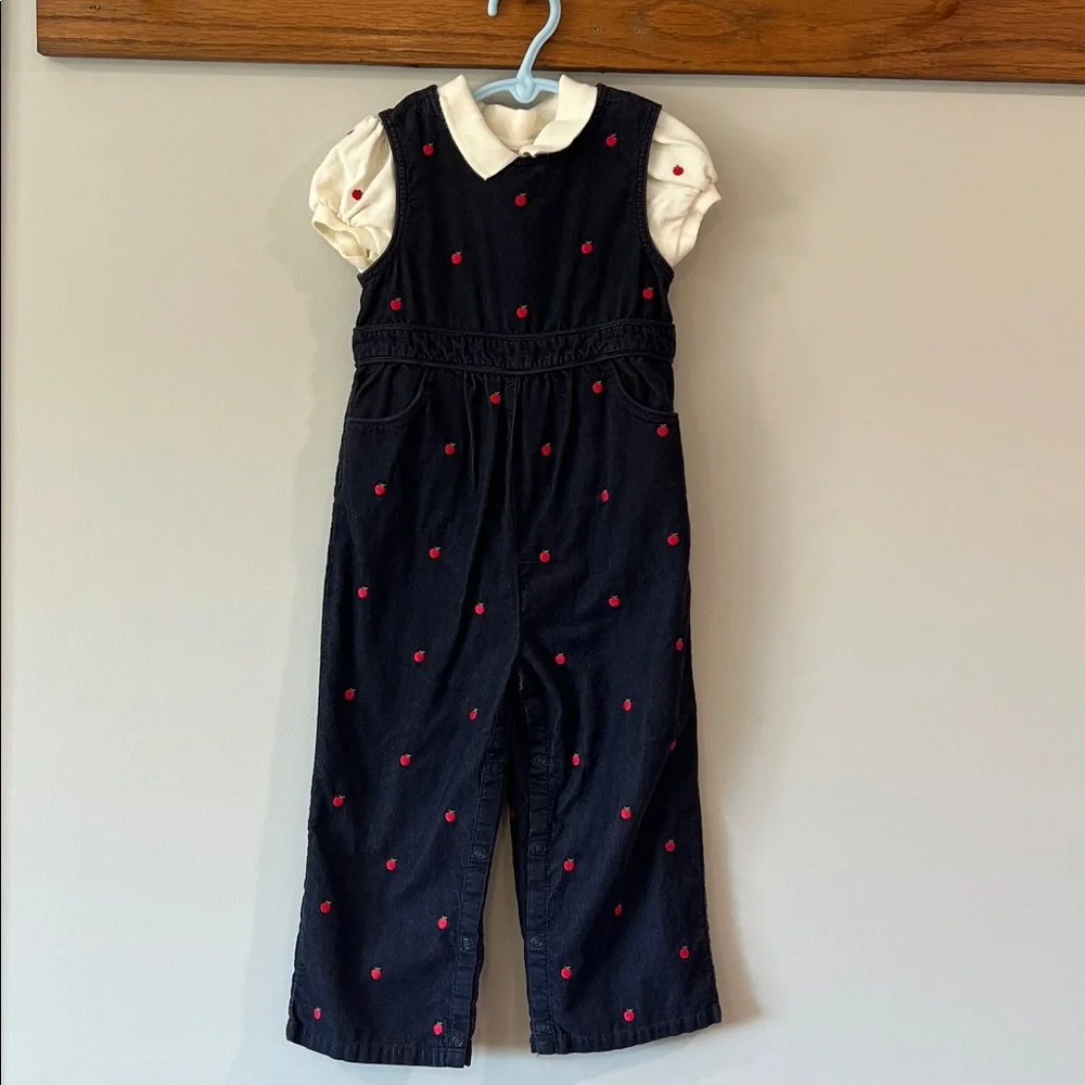Gymboree Dark‎ Blue Overalls - 3T/4T, embroidered apples, 2 piece